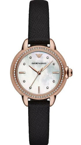 Emporio Armani Mia Mother of Pearl Dial Black Leather Strap Watch for Women - AR11598 Authentic Buy Shop Now