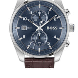 Hugo Boss Skytraveller Chronograph Blue Dial Brown Leather Strap Watch for Men - 1514194 Authentic Buy Shop Now