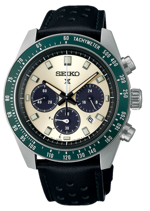 Seiko Prospex Speedtimer Solar Chronograph Ivory Dial Black Leather Strap Watch for Men - SSC943 Authentic Buy Shop Now
