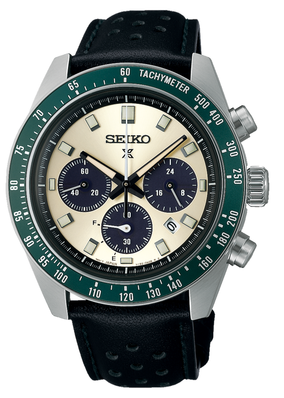 Seiko Prospex Speedtimer Solar Chronograph Ivory Dial Black Leather Strap Watch for Men - SSC943 Authentic Buy Shop Now