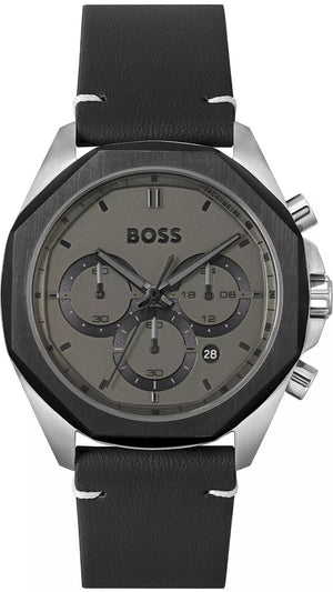 Hugo Boss Cloud Chronograph Grey Dial Black Leather Strap Watch for Men - 1514014 Authentic Buy Shop Now