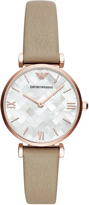 Emporio Armani Gianni T-Bar Silver Dial Beige Leather Strap Watch for Women - AR11111 Authentic Buy Shop Now