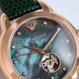 Emporio Armani Mia Meccanico Mother of Pearl Dial Green Leather Strap Watch for Women - AR60073 Authentic Buy Shop Now