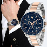 Maserati SFIDA Chronograph Blue Dial Two Tone Steel Strap Watch for Men - R8873640022 Authentic Buy Shop Now
