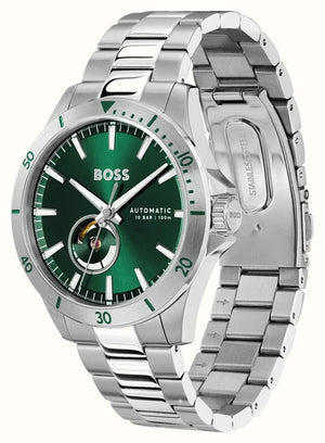 Hugo Boss Troper Automatic Chronograph Green Dial Silver Steel Strap Watch for Men - 1514200 Authentic Buy Shop Now