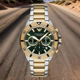 Emporio Armani Sea Explorer Chronograph Green Dial Two Tone Steel Strap Watch for Men - AR11586 Authentic Buy Shop Now