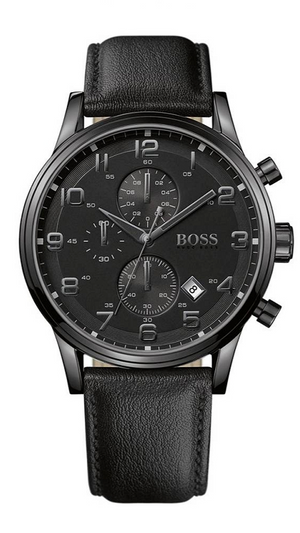 Hugo Boss Aeroliner Chronograph Black Dial Black Leather Strap Watch for Men - 1512567 Authentic Buy Shop Now
