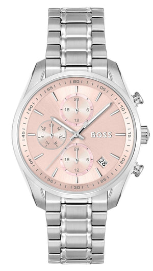 Hugo Boss Grand Tour Chronograph Pink Mother of Pearl Dial Silver Steel Strap Watch for Women - 1502765 Authentic Buy Shop Now