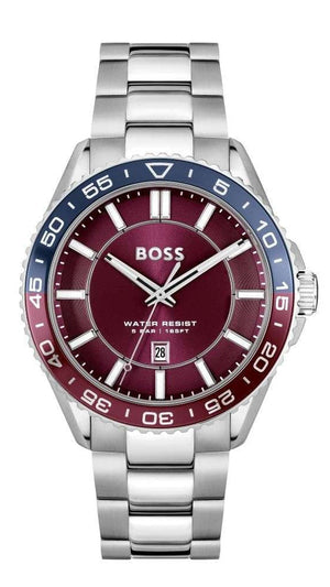 Hugo Boss Runner 3H Burgundy Dial Silver Steel Strap Watch for Men - 1514209 Authentic Buy Shop Now