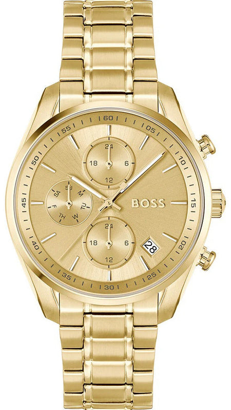 Hugo Boss Grand Tour Chronograph Gold Dial Gold Steel Strap Watch for Women - 1502768 Authentic Buy Shop Now