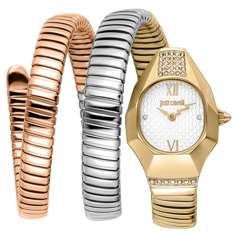 Just Cavalli Lunara Silver Dial Tri Tone Steel Strap Watch for Women - JC1L397M0095 Authentic Buy Shop Now