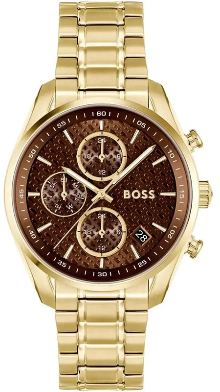 Hugo Boss Grand Tour Chronograph Brown Dial Gold Steel Strap Watch for Women - 1502770 Authentic Buy Shop Now