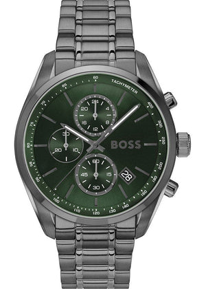Hugo Boss Grand Prix Chronograph Green Dial Gunmetal Grey Steel Strap Watch for Men - 1514228 Authentic Buy Shop Now