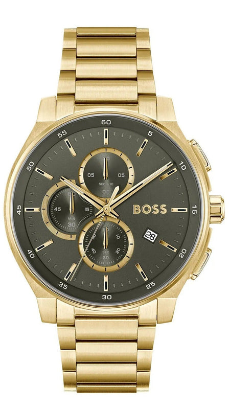 Hugo Boss Peak Chronograph Olive Green Dial Gold Steel Strap Watch for Men - 1514190 Authentic Buy Shop Now