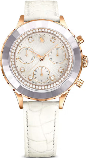 Swarovski Octea Chrono Crystals White Dial White Leather Strap Watch for Women - 5671150 Authentic Buy Shop Now