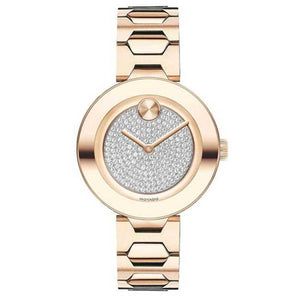 Movado Bold Crystal Pave Rose Gold Dial Rose Gold Steel Strap Watch For Women - 3600493 Authentic Buy Shop Now