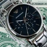 Emporio Armani Chronograph Black Dial Silver Steel Strap Watch For Men - AR1853 Authentic Buy Shop Now