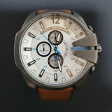 Diesel Mega Chief Chronograph White Dial Brown Leather Strap Watch For Men - DZ4280 Authentic Buy Shop Now