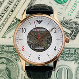 Emporio Armani Meccanico White Skeleton Dial Black Leather Strap Watch For Men - AR1924 Authentic Buy Shop Now