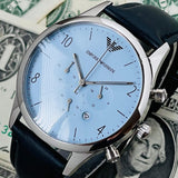 Emporio Armani Chronograph Blue Dial Blue Leather Strap Watch For Men - AR1889 Authentic Buy Shop Now