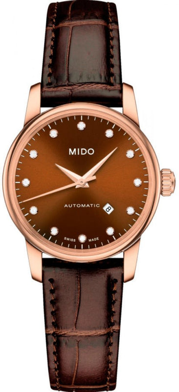 Mido Baroncelli III Automatic Diamonds Brown Dial Brown Leather Strap Watch For Women - M7600.3.64.8 Authentic Buy Shop Now