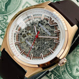 Emporio Armani Meccanico White Skeleton Dial Brown Leather Strap Watch For Men - AR60005 Authentic Buy Shop Now