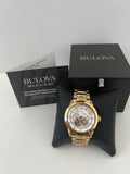 Bulova BVA Skeleton Silver Dial Gold Steel Strap Watch for Men - 97A108 Authentic Buy Shop Now