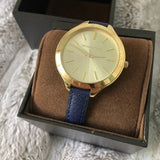 Michael Kors Runway Quartz Gold Dial Blue Leather Strap Watch For Women - MK2285 Authentic Buy Shop Now