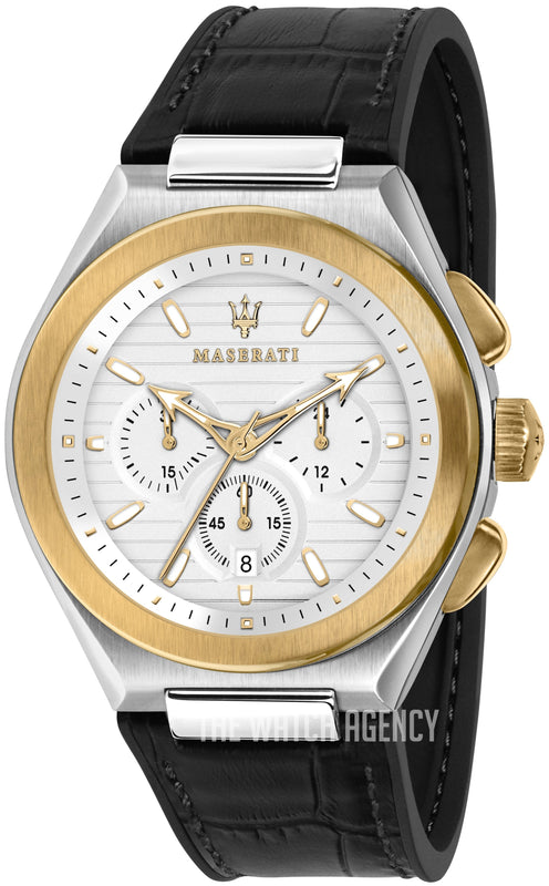 Maserati Triconic Chronograph White Dial Black Leather Strap Watch For Men - R8871639004 Authentic Buy Shop Now