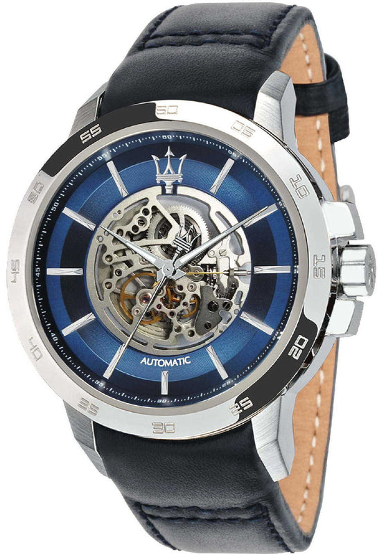 Maserati Ingegno Automatic Blue Skeleton Dial Black Leather Strap Watch For Men - R8821119004 Authentic Buy Shop Now