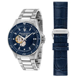 Maserati SFIDA Automatic Skeleton Blue Dial Silver Steel Strap Watch For Men - R8823140007 Authentic Buy Shop Now