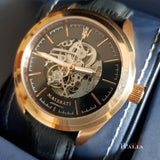 Maserati Traguardo Automatic Black Skeleton Dial Black Leather Strap Watch For Men - R8821112001 Authentic Buy Shop Now