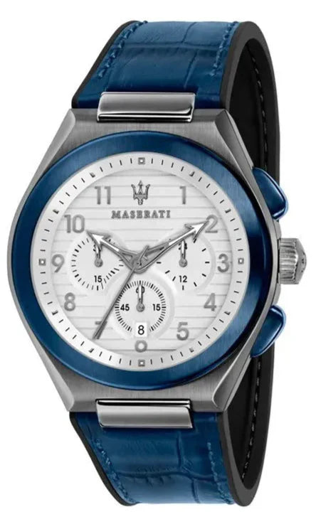 Maserati Triconic Chronograph White Dial Blue Leather Strap Watch For Men - R8871639001 Authentic Buy Shop Now