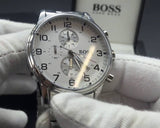 Hugo Boss Aeroliner Chronograph White Dial Silver Steel Strap Watch For Men - 1512445 Authentic Buy Shop Now