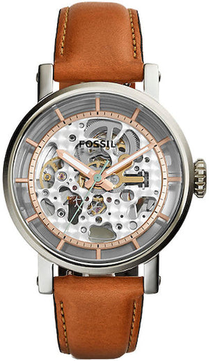 Fossil Boyfriend Automatic Skeleton Silver Dial Brown Leather Strap Watch for Women - ME3109 Authentic Buy Shop Now