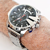 Diesel Mega Chief Chronograph Black Dial Silver Steel Strap Watch For Men - DZ4308 Authentic Buy Shop Now