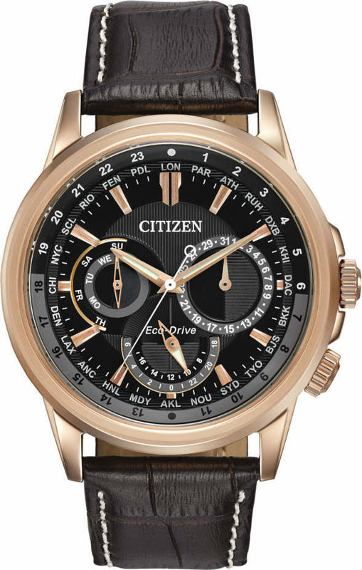 Citizen Eco Drive Calendrier Black Dial Brown Leather StrapWatch For Men - BU2023-12E Authentic Buy Shop Now
