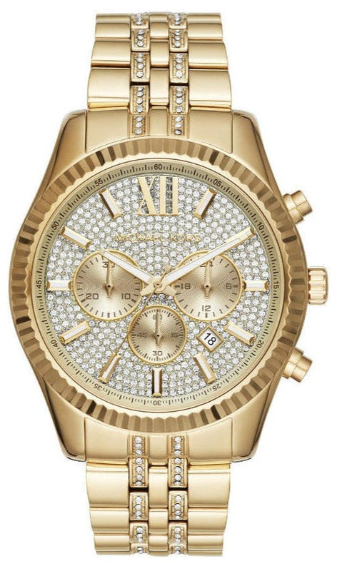 Michael Kors Lexington Chronograph Gold Dial Gold Steel Strap Watch For Men - MK8579 Authentic Buy Shop Now