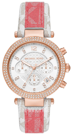 Michael Kors Parker Chronograph White Dial Two Tone Leather Strap Watch For Women - MK6951 Authentic Buy Shop Now