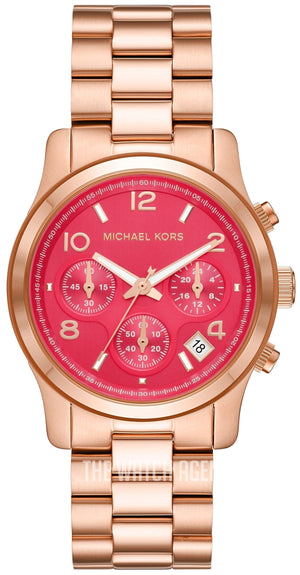 Michael Kors Runway Chronograph Pink Dial Rose Gold Steel Strap Watch For Women - MK7352 Authentic Buy Shop Now