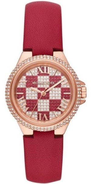 Michael Kors Camille Three Hand Crystals Rose Gold Dial Red Leather Strap Watch For Women - MK4701 Authentic Buy Shop Now