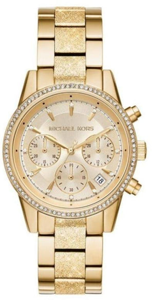 Michael Kors Ritz Chronograph Gold Dial Gold Steel Strap Watch For Women - MK6597 Authentic Buy Shop Now