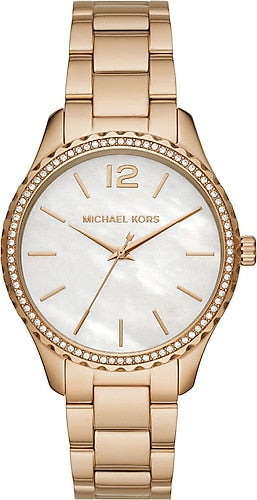 Michael Kors Layton Three Hand Mother of Pearl White Dial Gold Steel Strap Watch For Women - MK6870 Authentic Buy Shop Now