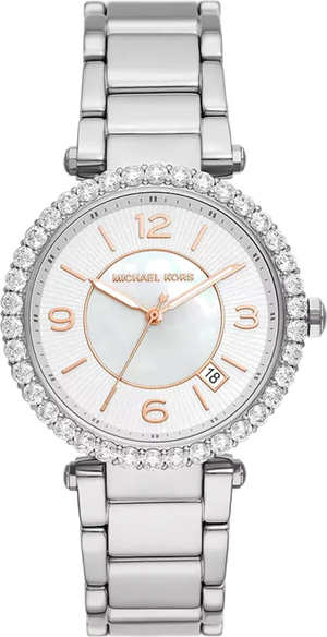 Michael Kors Parker Three Hand Mother of Pearl White Dial Silver Steel Strap Watch For Women - MK4694 Authentic Buy Shop Now