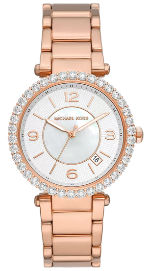 Michael Kors Parker Three-Hand Mother of Pearl White Dial Rose Gold Steel Strap Watch For Women - MK4695 Authentic Buy Shop Now