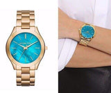 Michael Kors Slim Runway Blue Mother of Pearl Dial Gold Steel Strap Watch for Women - MK3492 Authentic Buy Shop Now