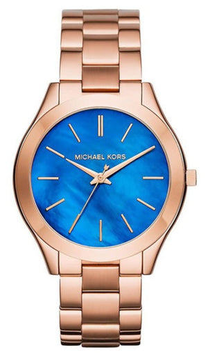 Michael Kors Slim Runway Quartz Blue Dial Rose Gold Steel Strap Watch For Women - MK3494 Authentic Buy Shop Now