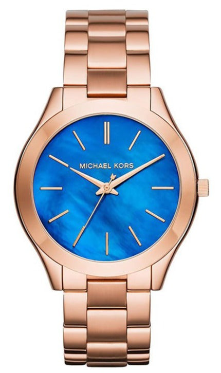 Michael Kors Slim Runway Quartz Blue Dial Rose Gold Steel Strap Watch For Women - MK3494 Authentic Buy Shop Now