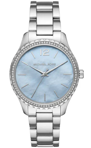 Michael Kors Layton Chronograph Mother of Pearl Blue Dial Silver Steel Strap Watch For Women - MK6847 Authentic Buy Shop Now