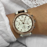 Michael Kors Parker Chronograph White Dial Two Tone Leather Strap Watch For Women - MK6950 Authentic Buy Shop Now